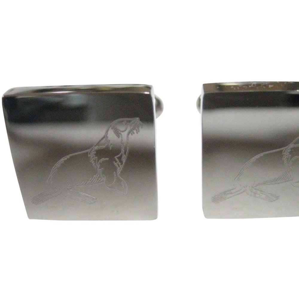 Silver Toned Square Etched Sea Lion Cufflinks